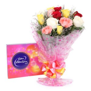 Bunch of Mixed Color Roses with Cadbury Celebration